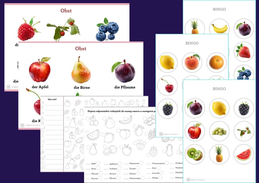 Niemiecki - materiały z zakresu leksykalnego Owoce: słownik obrazkowy, BINGO, 2 ćwiczenia
