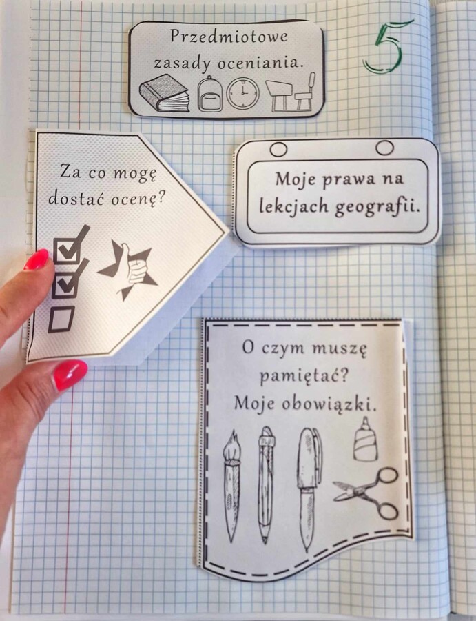 Przedmiotowe zasady oceniania (PZO) z geografii (klasa 5). Interaktywna notatka do wycinania, zginania i wypełniania przez ucznia.