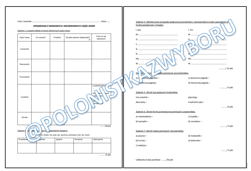 Sprawdzian z odmiennych i nieodmiennych części mowy klasa 6-7 SP + odpowiedzi