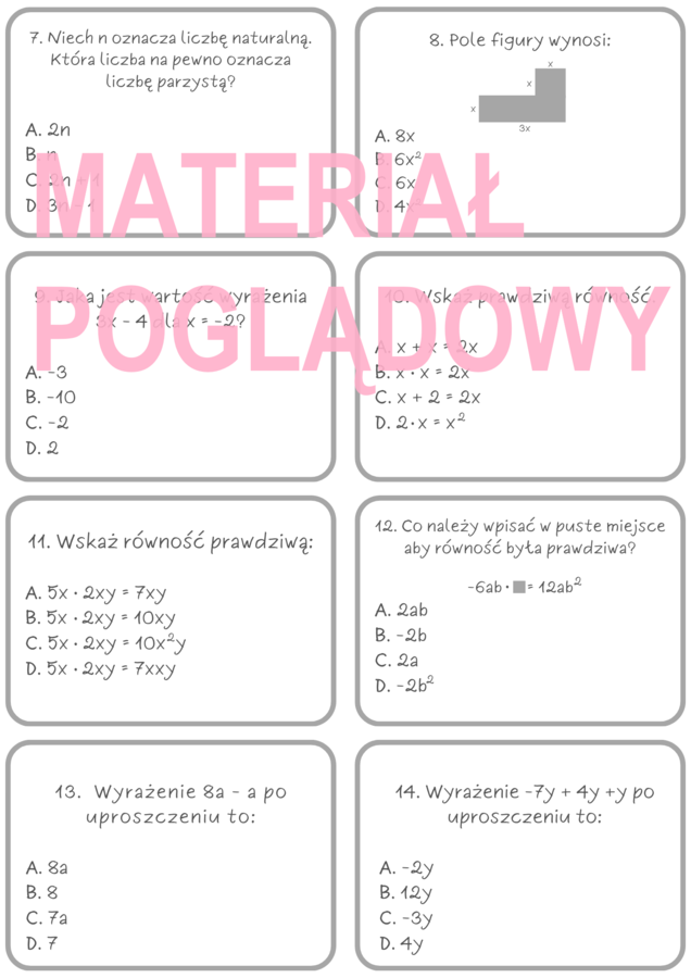 A - Z quiz wyrażenia algebraiczne (powtórzenie) kl. 6, 7, 8