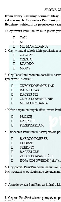LEKCJA WYCHOWAWCZA- SŁOWA GRZECZNE I SKUTECZNE- UCZNIOWIE W ROLI ANKIETERÓW