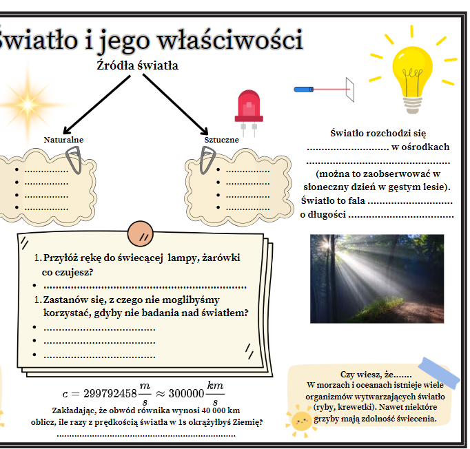 Fizyka kl.8 (SP) Temat: Światło i jego właściwości (2 karty , jedna wykropkowana, druga uzupełniona)