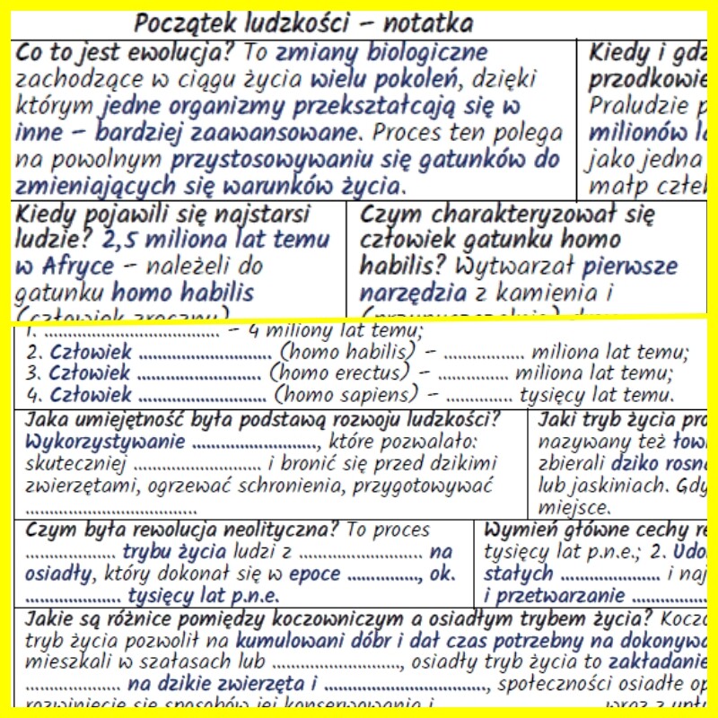 Początek ludzkości – notatka i karta pracy