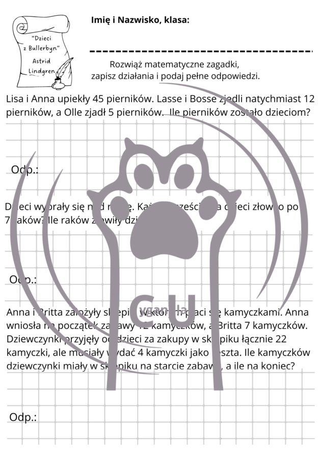 Karty pracy z odpowiedziami do lektury Astrid Lindgren "Dzieci z Bullerbyn"