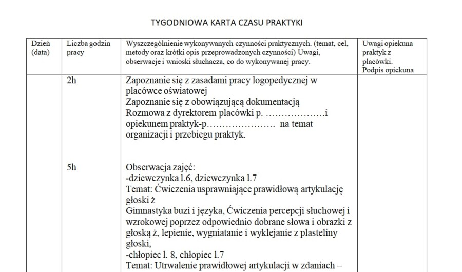 Dzienniczek praktyk logopedycznych