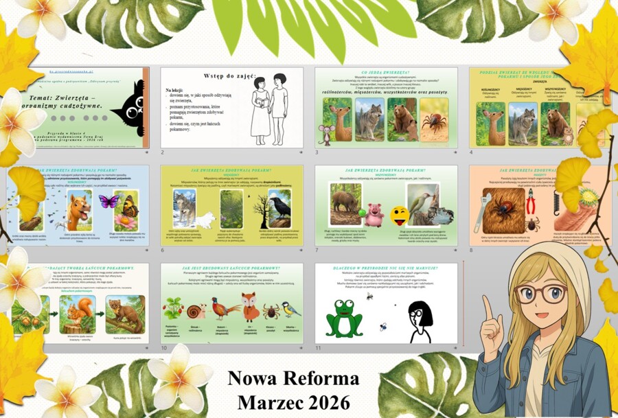 Prezentacja multimedialna w PowerPoint do edycji „Zwierzęta - organizmy cudzożywne” wykonana na podstawie podręcznika „Przyroda” Nowa Era. Przyroda 4. Dział „Jak działają organizmy?".