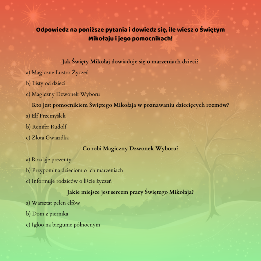 Historia o tym, jak Święty Mikołaj pomaga dzieciom wybierać prezenty.
