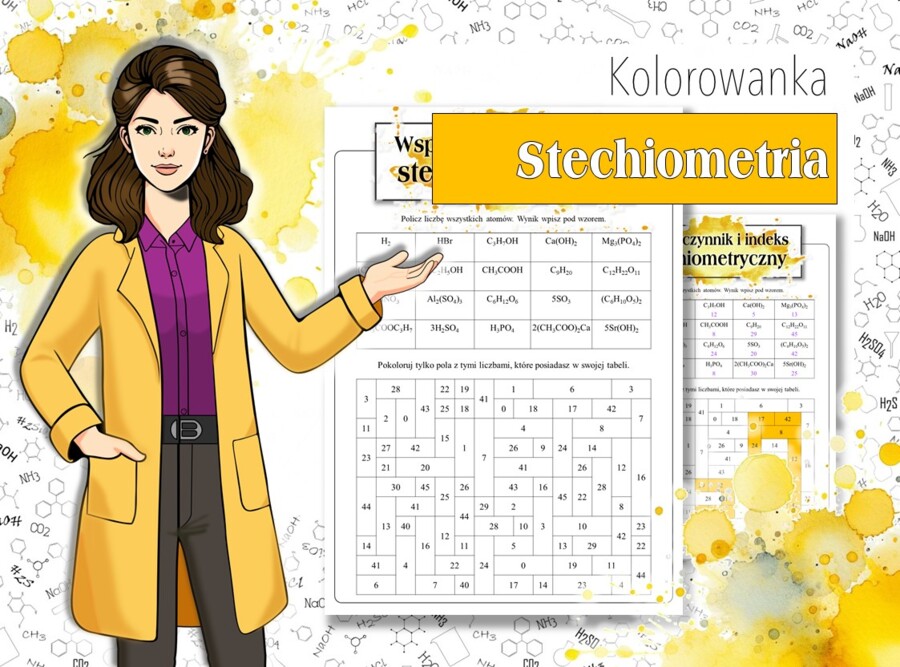 Klasa 7. Chemia. Współczynnik i indeks stechiometryczny. Wprowadzenie do wzorów sumarycznych. Chemiczna kolorowanka. Karta pracy. Zadanie.