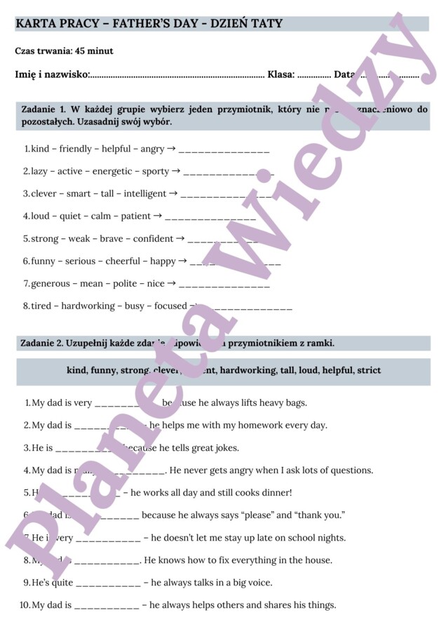 KARTA PRACY NA DZIEŃ TATY – FATHER’S DAY WORKSHEET, KLASY 4-8 SZKOŁY PODSTAWOWEJ- ćwiczenia znajomości przymiotników i zdań opisujących, zadania pisemne