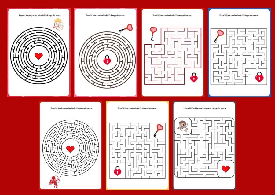 WALENTYNKI – biblioteka – świetlica – przedszkole – labirynty – labirynt – 14 wersji