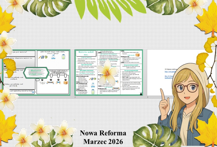Mały zestaw na jedną lekcję: sketchnotka/notatka/przypomnienie dla nauczyciela, karta pracy plus gratisowa prezentacja multimedialna „Materia wokół nas” w pdf. Przyroda "Odkrywam przyrodę". Klasa 4. Dział „Obserwuję zjawiska przyrodnicze".