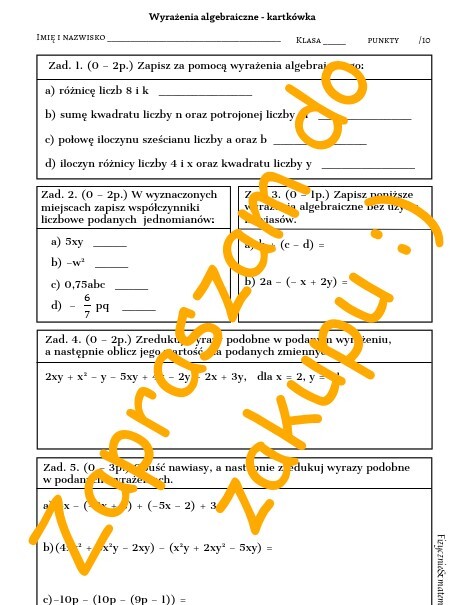 Wyrażenia algebraiczne cz. 1. - kartkówka, karta pracy