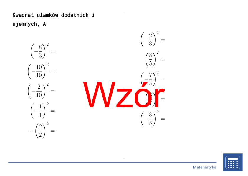 Kwadrat ułamków dodatnich i ujemnych | matematyka | 26 kolumn