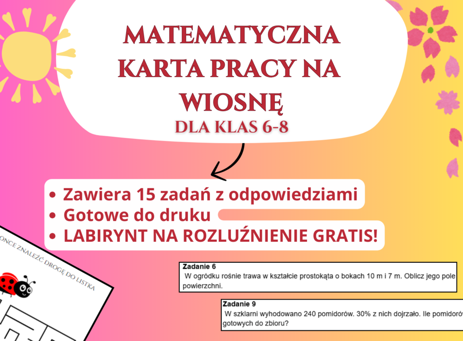 🌸 Matematyczna Karta Pracy idealna na wiosenną lekcję – Wiosenne Wyzwania – Klasy 4-6 – Obliczenia, Procenty, Geometria, Czas! 🌿📚