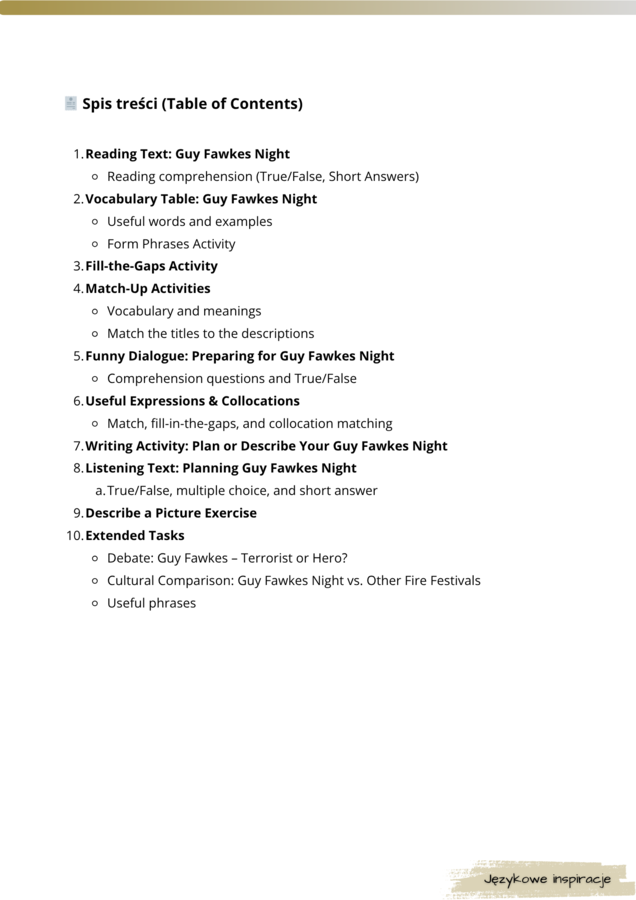 Karty Pracy: Guy Fawkes Night – Gotowa lekcja kulturowa (B1)