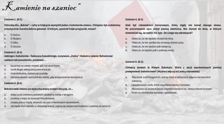 Test wprowadzający/powtórzeniowy do lektury "Kamienie na szaniec"