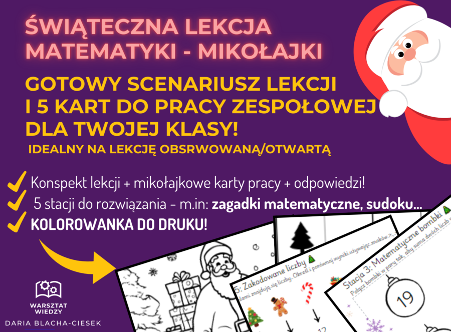 Matematyczna lekcja na Mikołajki 🎅 – scenariusz lekcji, 5 kart pracy i kolorowanka do druku!🎉🧠 Idealny na lekcję otwartą! * mikołajki * scenariusz lekcji matematyki na mikołajki i święta*