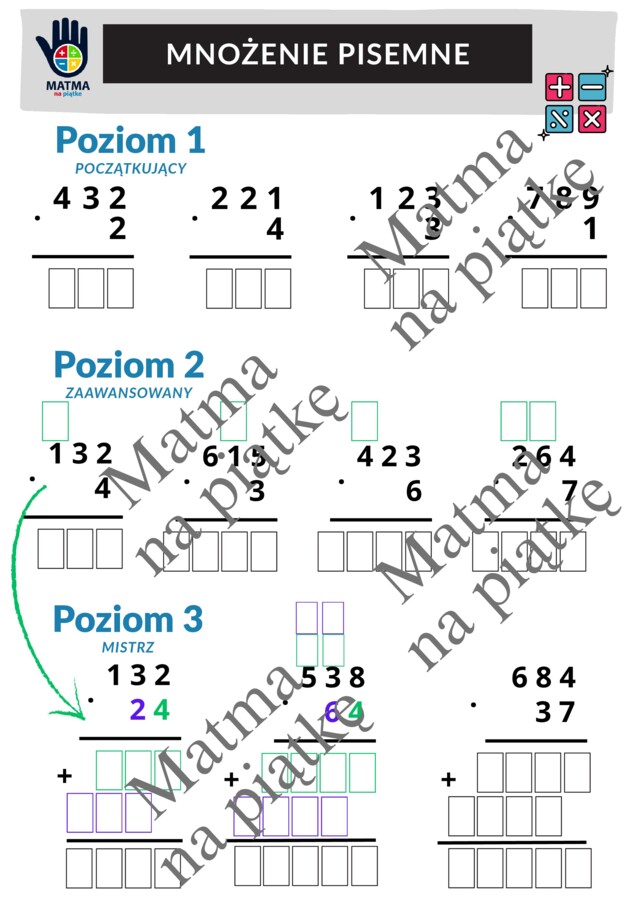 Mnożenie pisemne/Karta pracy/Klasa 4 SP./ Klasa 5 SP./ Klasa 6 SP.