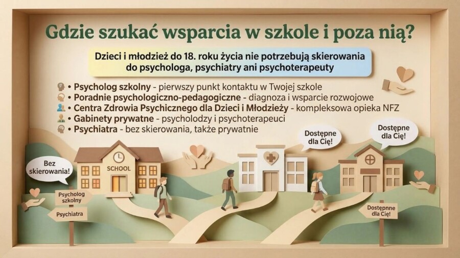 Zdrowie psychiczne. Psycholog, psychoterapeuta, psychiatra – czym się różnią? (gazetka szkolna / prezentacja)