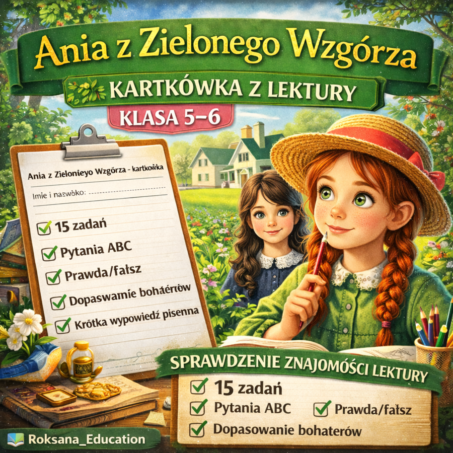 📚 „Ania z Zielonego Wzgórza” – kartkówka z lektury (klasa 5–6) | test znajomości lektury + 15 zadań