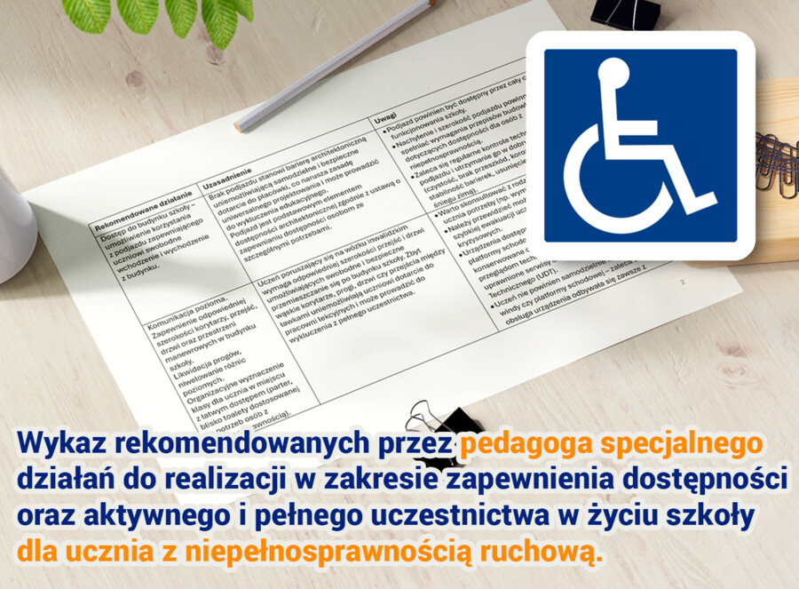 Wykaz rekomendacji pedagoga specjalnego – uczeń z niepełnosprawnością ruchową
