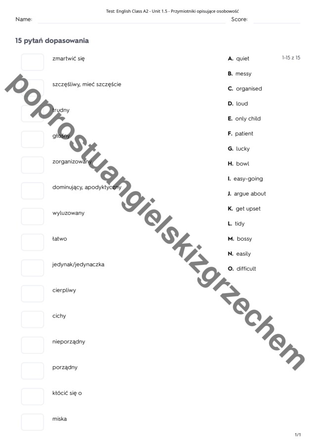 English Class A2 - Unit 1 - testy