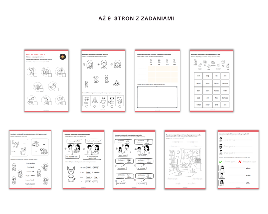 Kids Can 1 Unit 3 Pets Karty Pracy Dodatkowe zadania utrwalające Powtórzenie Klasa Pierwsza Zwierzęta Domowe Zadania Słuchanie Czytanie Mówienie Pisanie