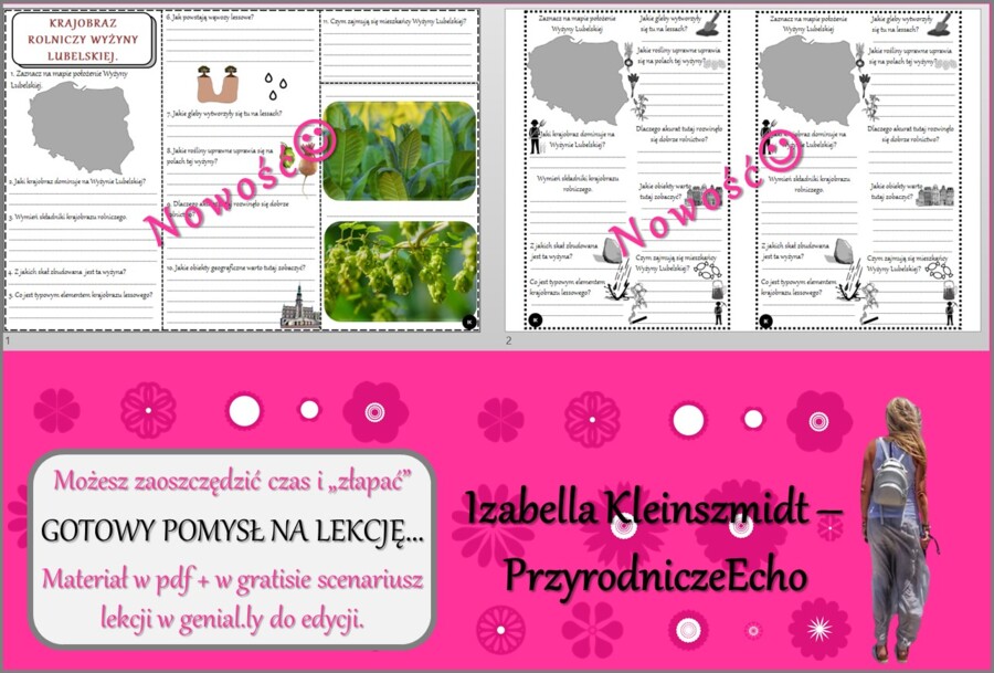 Pomysł na lekcję/karta pracy/stacje zadaniowe/notatki/ materiał do lekcji do tematu „Krajobraz rolniczy Wyżyny Lubelskiej” w pdf. W gratisie niekomercyjny scenariusz lekcji/pomysł na lekcję w programie genial.ly do edycji. Geografia 5. Dział „Krajobrazy 