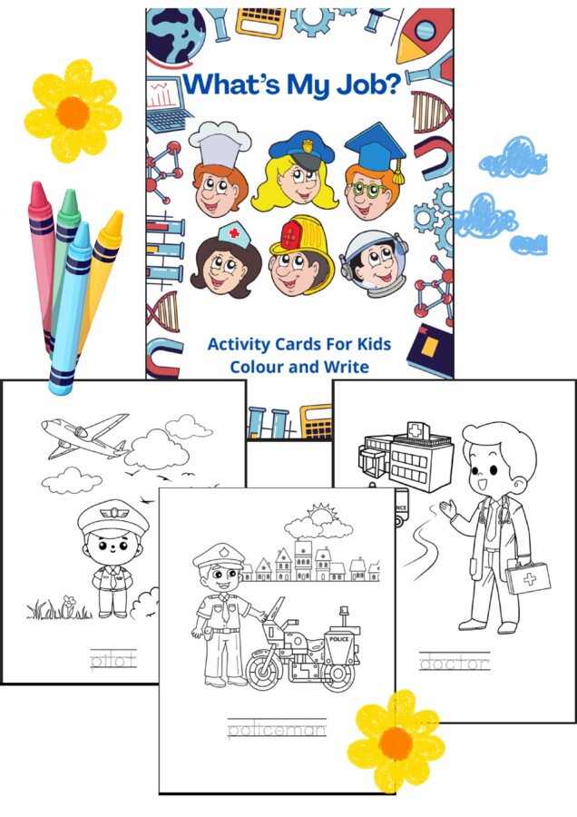 "What's my job?" - activity cards for kids. Koloruj i pisz po śladzie. Nauka angielskich nazw zawodów. 13 obrazków