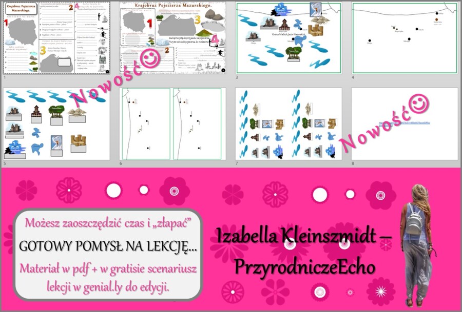 Karta pracy/stacje zadaniowe/notatki do tematu „Krajobraz Pojezierza Mazurskiego” w pdf. W gratisie niekomercyjny scenariusz lekcji/pomysł na lekcję w programie genial.ly do edycji. Geografia 5. Dział „Krajobrazy Polski”.