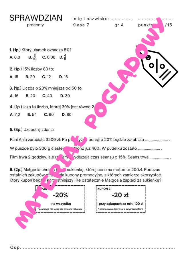 Sprawdzian procenty klasa 7