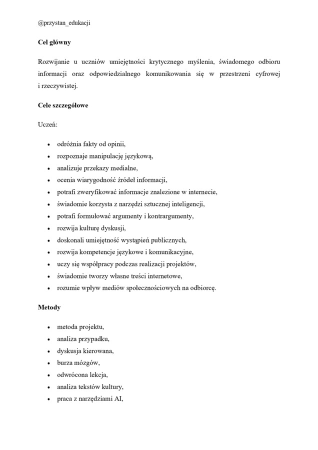 Innowacja pedagogiczna/polonistyczna „Myśl krytycznie. Mów świadomie” – język polski kl. 7–8 | AI, fake news, krytyczne myślenie - zgodna z kierunkami polityki oświatowej