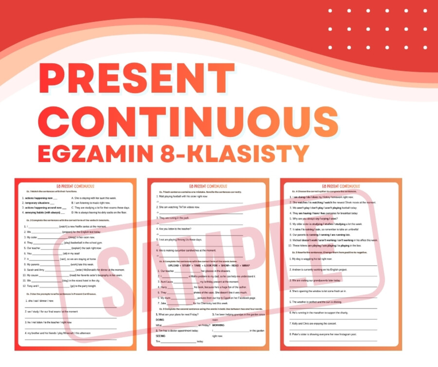 PRESENT CONTINUOUS – Egzamin Ósmoklasisty (E8) + answer key | ESL A2+ / B1 | Zadania przygotowujące do egzaminu 8-klasisty z języka angielskiego