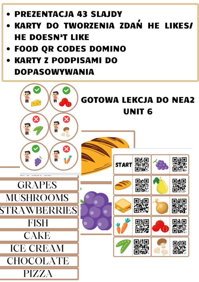 GOTOWA LEKCJA FOOD - NEW ENGLISH ADVENTURE 2 UNIT 6 , prezentacja, flashcards, Qr domino, karty do tworzenia zdań