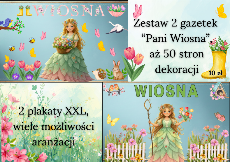 Zestaw Gazetek Pani Wiosna| Zawiera 2 plakaty XXL- 4 x A4| Napis wiosna w 2 wersjach graficznych| Łącznie aż 50 stron wiosennych dekoracji