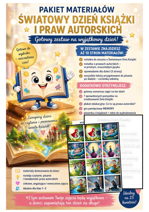 📚 ŚWIATOWY DZIEŃ KSIĄŻKI I PRAW AUTORSKICH Gotowy zestaw materiałów dla nauczyciela edukacji wczesnoszkolnej