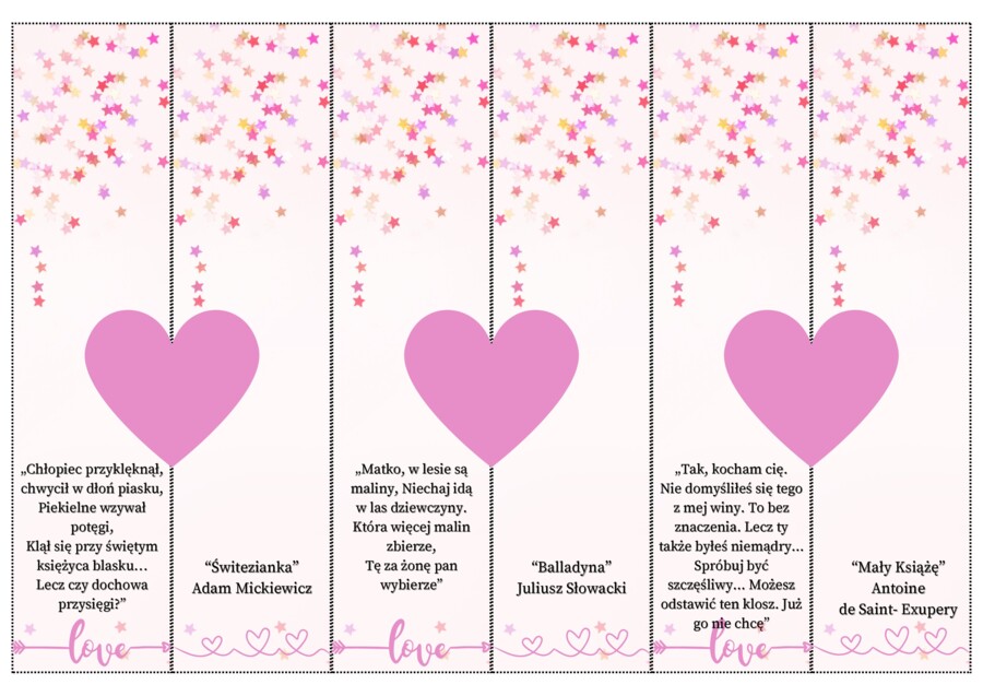 Walentynki- zakładki do książki z cytatami z lektur z klas VII- VIII
