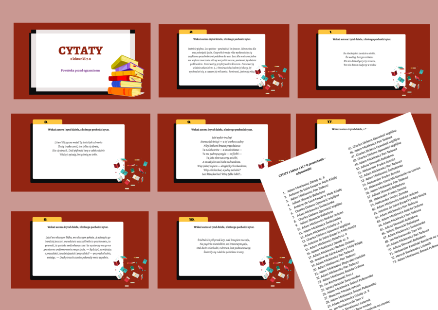 Cytaty – LEKTURY OBOWIĄZKOWE – prezentacja - 75 slajdów - egzamin – kl.7-8 + odpowiedzi