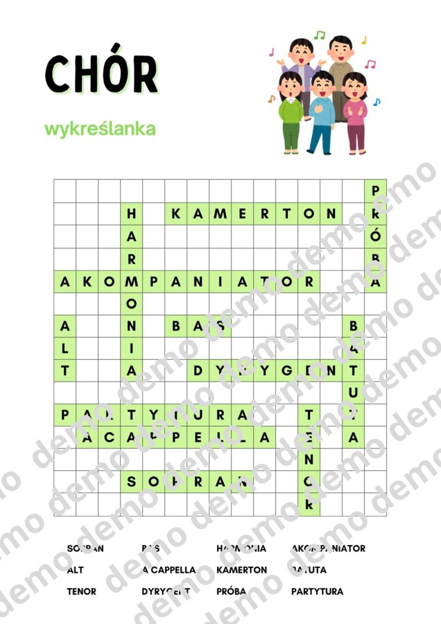 Muzyka, klasa 4-5. Chór.  Karta pracy: wykreślanka.