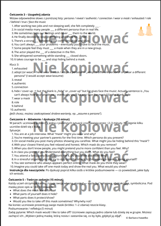 Karta pracy z czytanką "The Secret Behind the Mask" słownictwo: emocje i osobowość B1