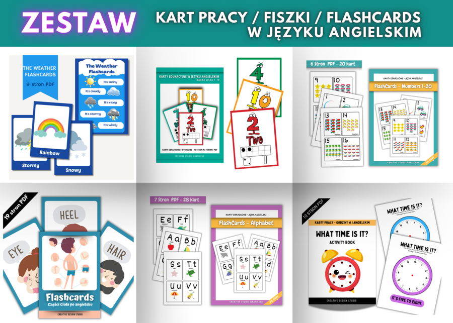 ZESTAW Angielskie Karty Pracy/ Fiszki / Flashcards po angielsku.