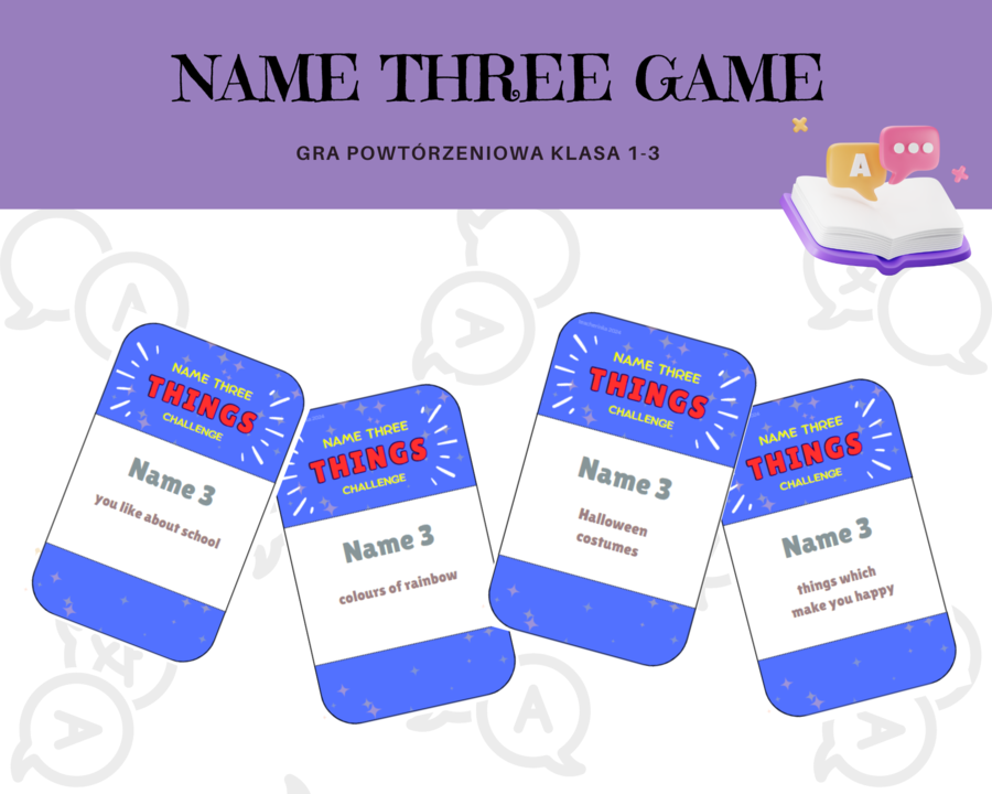 Name three - wymień trzy, gra powtórzeniowa dla klas 1-3 szkoły podstawowej w stylu 5 sekund, język angielski, 100 pytań, słownictwo, dodatkowo pusty szablon