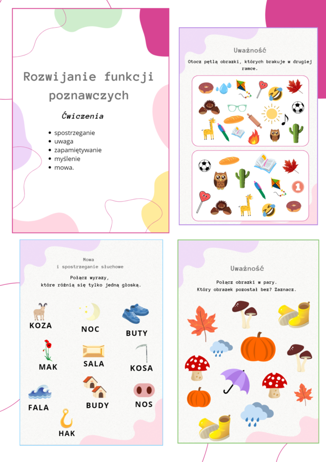 ROZWIJANIE FUNKCJI POZNAWCZYCH (0-3) - karty pracy ĆWICZENIA - kolorowe