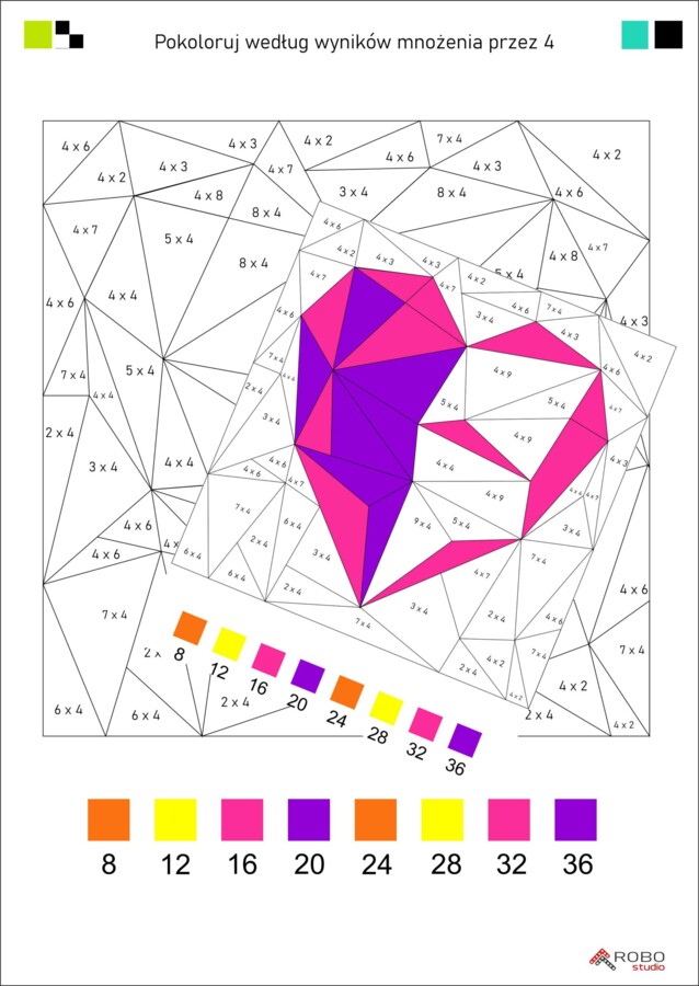 Kolorowanka- tabliczka mnożenia- mnożenie przez 4