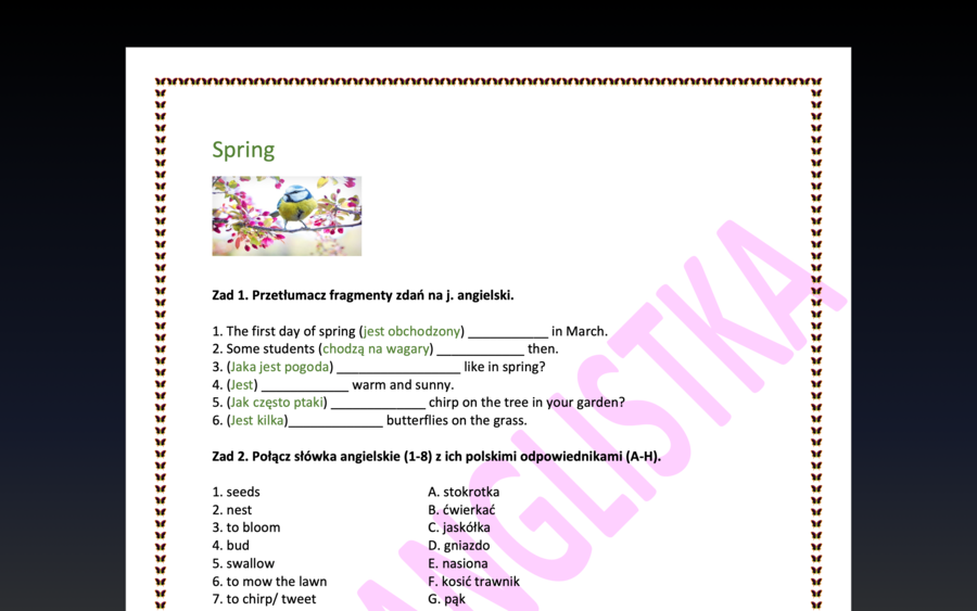 Spring- cztery ćwiczenia związane z wiosną i ogrodem +klucz
