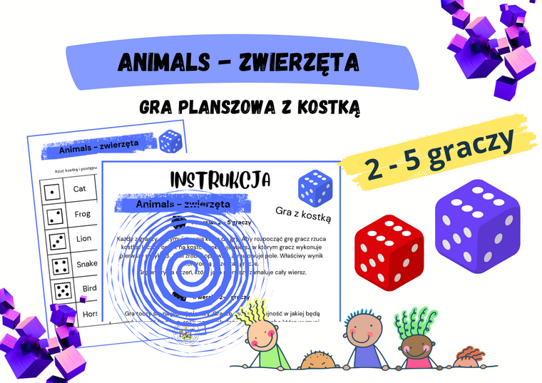 Animals - zwierzęta. Gra planszowa z kostką.
