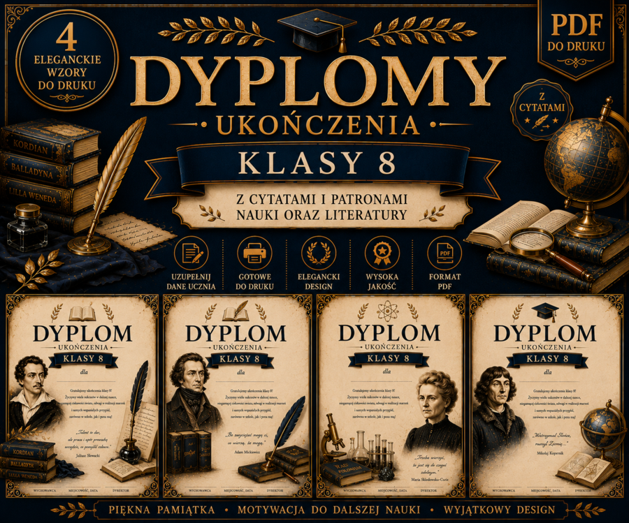 📚 Dyplomy ukończenia klasy 8 – 4 eleganckie wzory z cytatami i patronami (PDF)