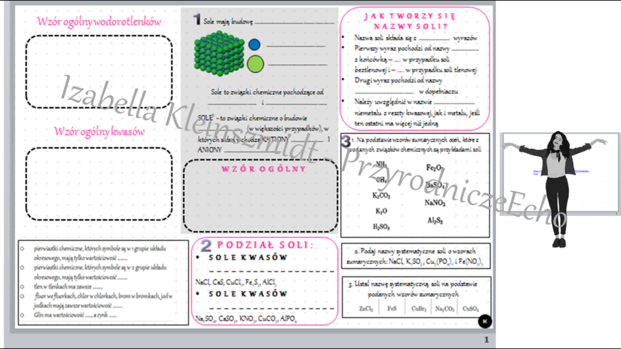 Karta pracy do tematu „Wzory i nazwy soli” oraz gratisowo pomysł na lekcję multimedialną z monitorem multimedialnym lub z tabletami (w formie niekomercyjnej prezentacji do edycji – krok po kroku) wykonany w genially https://view.genial.ly/638b493efcaa150