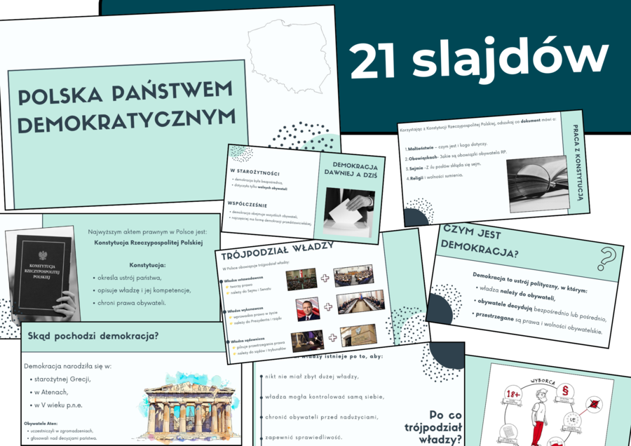 Prezentacja „Polska państwem demokratycznym” – 21 slajdów, klasa 8, WOS. Demokracja, Konstytucja RP, trójpodział władzy, wybory. Edytowalny materiał dydaktyczny