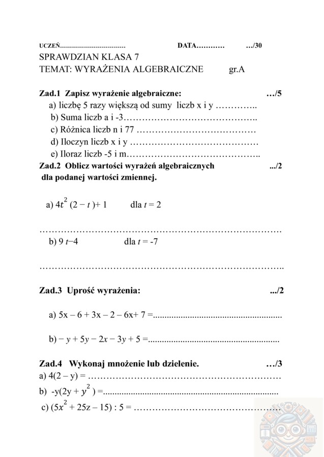 Wyrażenia algebraiczne kl.7/8